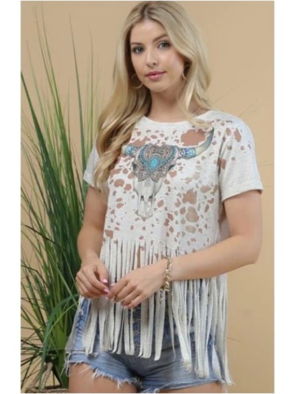 BRAND NEW WITH TAGS Western Longhorn Cow Print Fringe Top